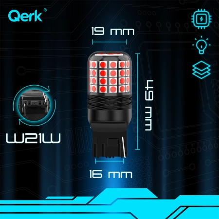 Żarówki LED W21W T20 Qerk A2200 CZERWONE – STOP, POZYCJA, CANBUS, komplet 2 szt.