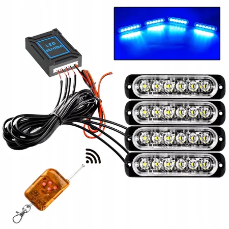Lampa ostrzegawcza LED niebieska 4x – stroboskop, pilot, 18 programów