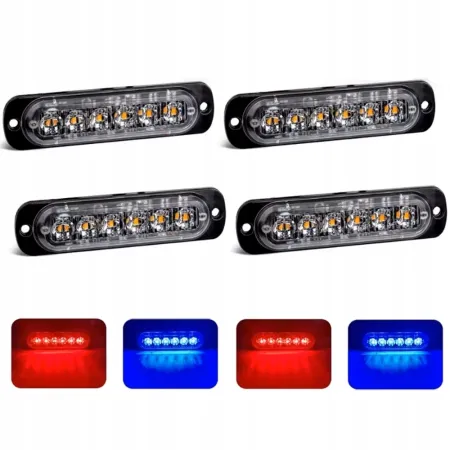 Lampa ostrzegawcza LED czerwono-niebieska 4x – stroboskop, pilot, 6 SMD