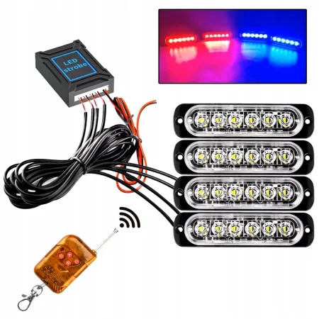 Lampa ostrzegawcza LED czerwono-niebieska 4x – stroboskop, pilot, 6 SMD