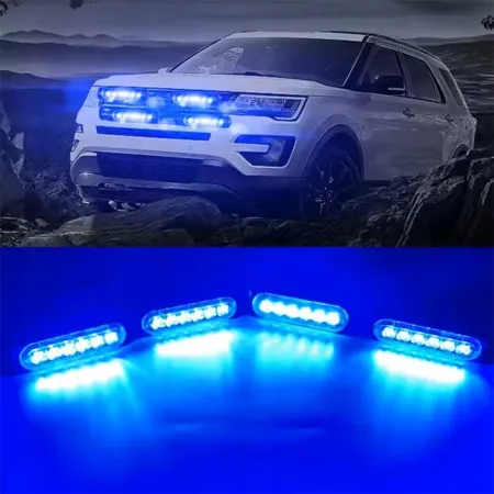 Lampa ostrzegawcza LED niebieska 4x – stroboskop, pilot, 18 programów